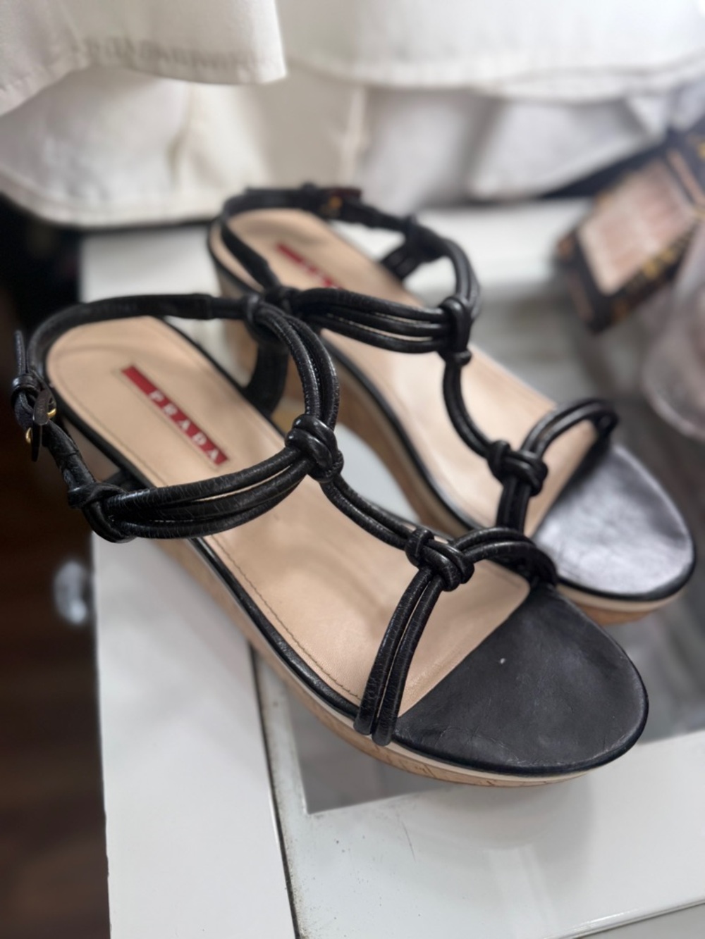 Prada Black Knotted Leather Strap Sandals